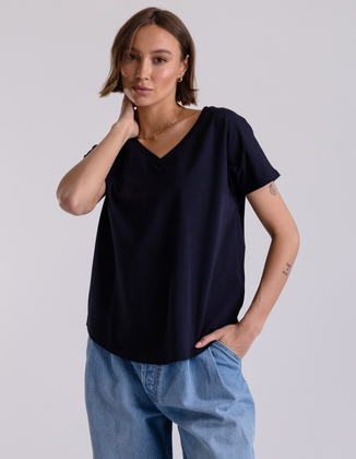 NAVY BLUE LOOSE V-NECK T-SHIRT